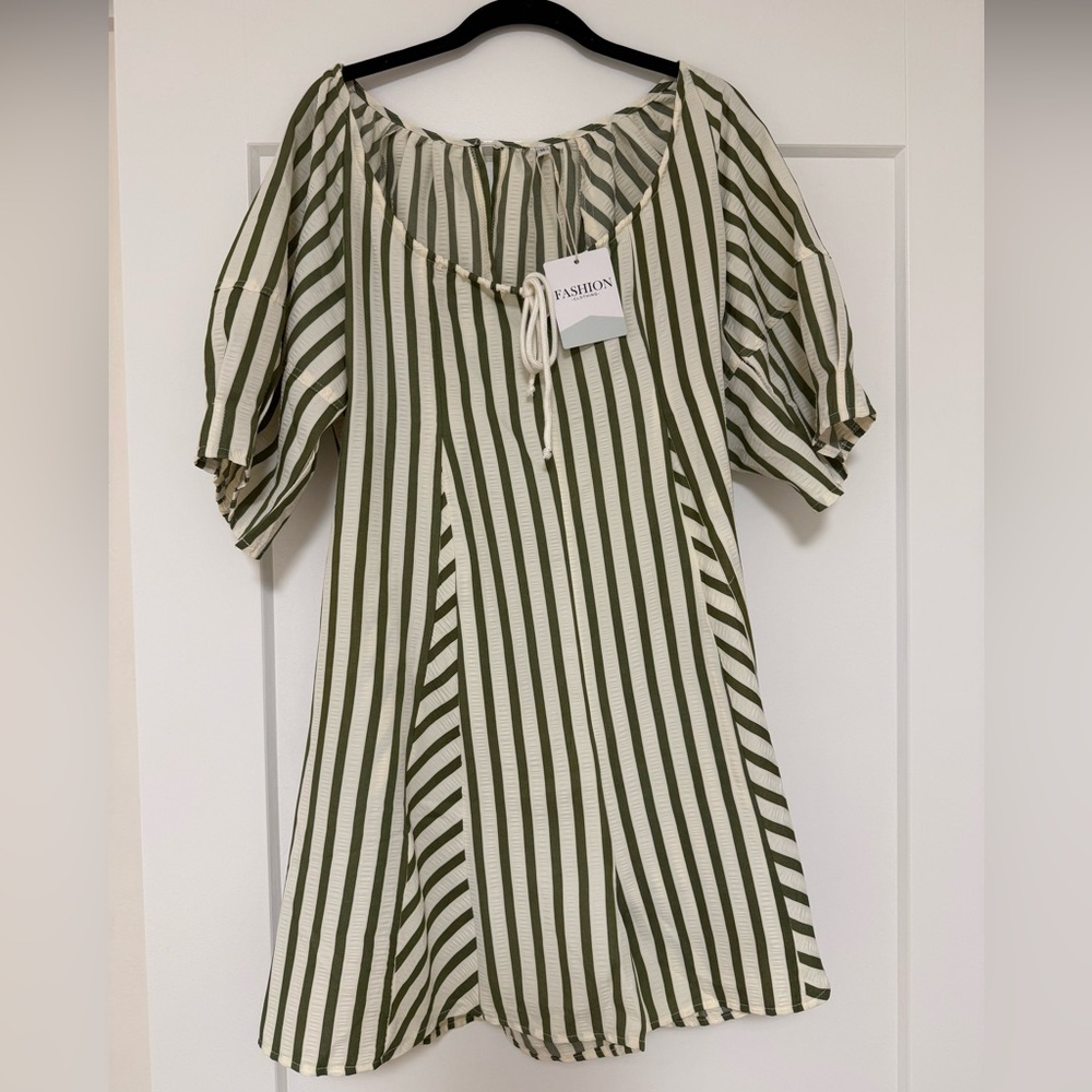 Striped Green and White Romper, Medium